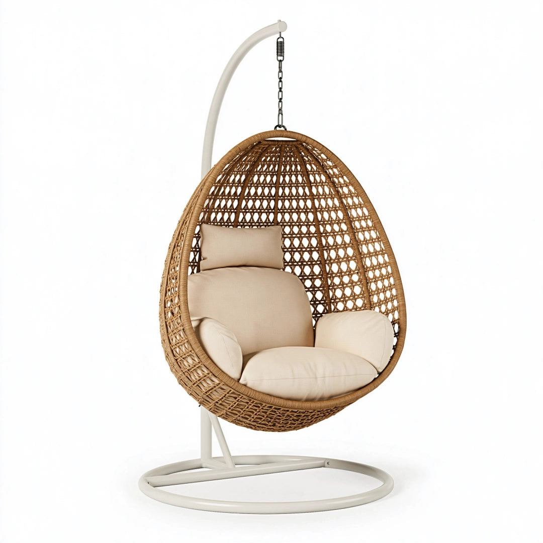 Poltrona sospesa 105 x 105 x 195 cm in rattan marrone con supporto in metallo bianco per esterno stile boho