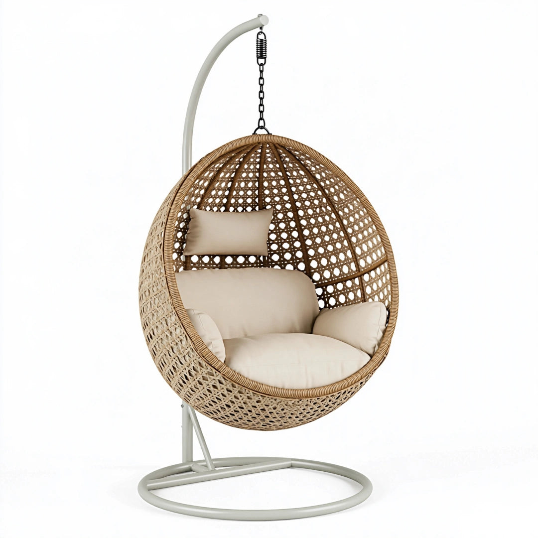 Poltrona sospesa da giardino diametro 95 cm in rattan naturale e metallo grigio stile boho