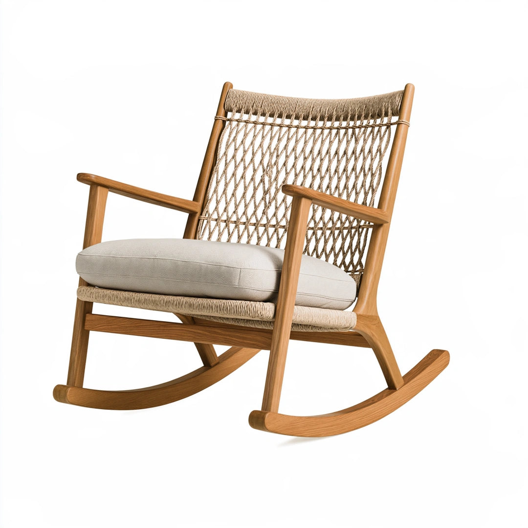Sedia a dondolo 70 x 95 x 105 cm in legno naturale e corda beige con seduta imbottita