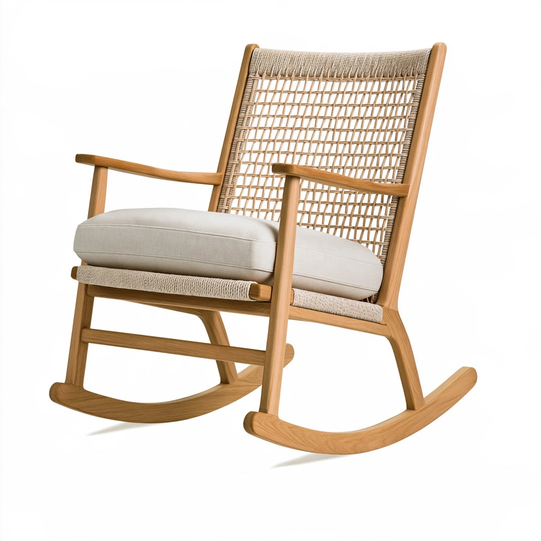 Sedia a dondolo 65 x 90 x 105 cm in legno naturale con intreccio e cuscino beige - stile nordico