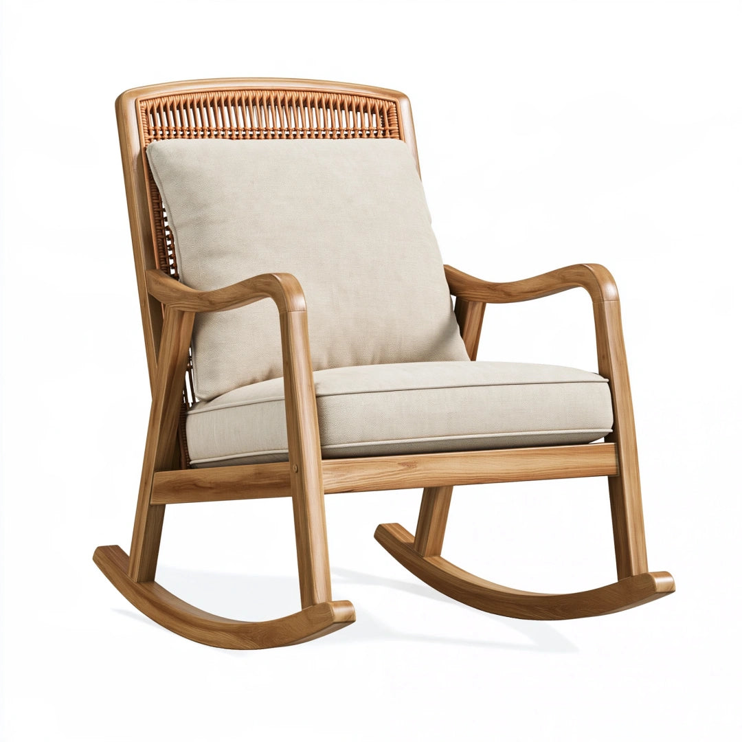 Sedia a dondolo 70 x 95 x 100 cm in legno e rattan naturale con seduta beige