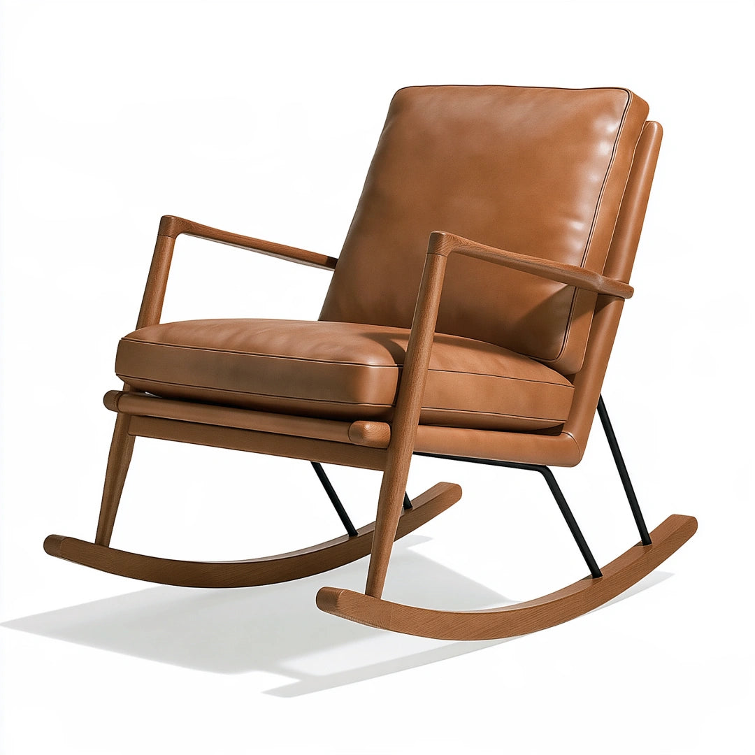 Sedia a dondolo 70 x 95 x 95 cm in legno e rivestimento effetto pelle marrone per soggiorno stile moderno