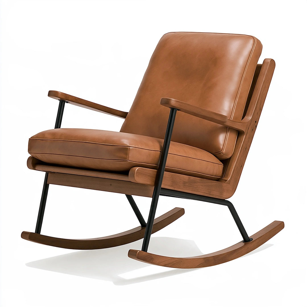 Sedia a dondolo 70 x 90 x 95 cm in legno e similpelle marrone stile moderno per soggiorno