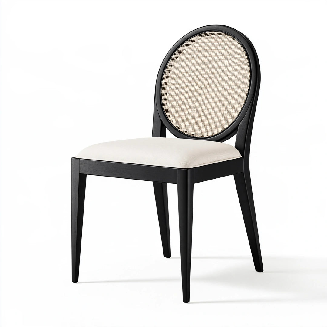 Sedia da pranzo 50 x 55 x 88 cm in legno nero con schienale in rattan e seduta imbottita color crema