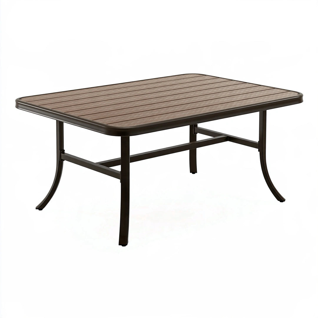 Tavolo da giardino 150 x 90 x 74 cm in metallo marrone con piano effetto legno - rettangolare moderno