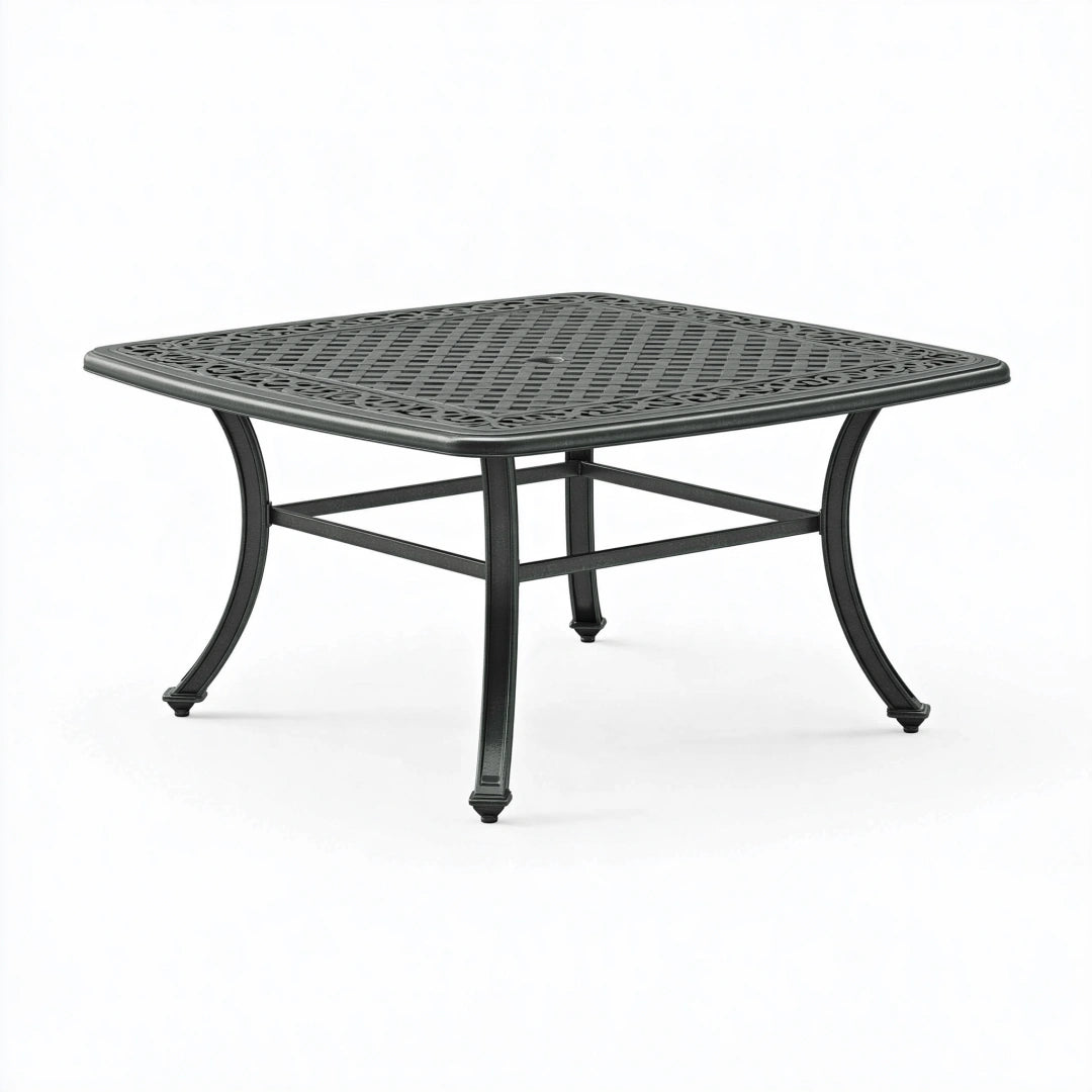 Tavolo da giardino quadrato 107 x 107 x 74 cm in alluminio nero con piano traforato