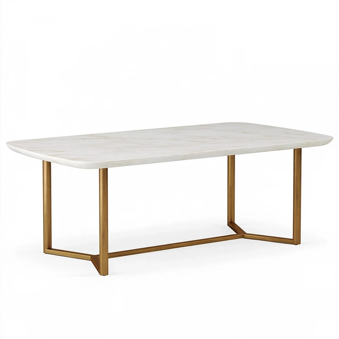 Tavolo da pranzo 180 x 90 x 75 cm effetto marmo bianco con struttura in metallo dorato stile moderno
