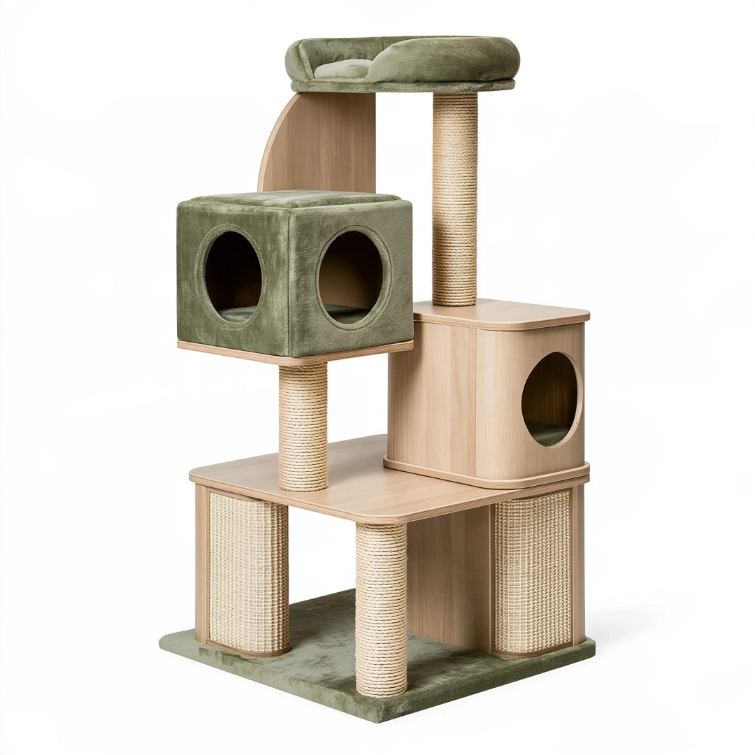 Albero tiragraffi per gatti 60 x 50 x 140 cm in legno verde con colonne in sisal e cucce