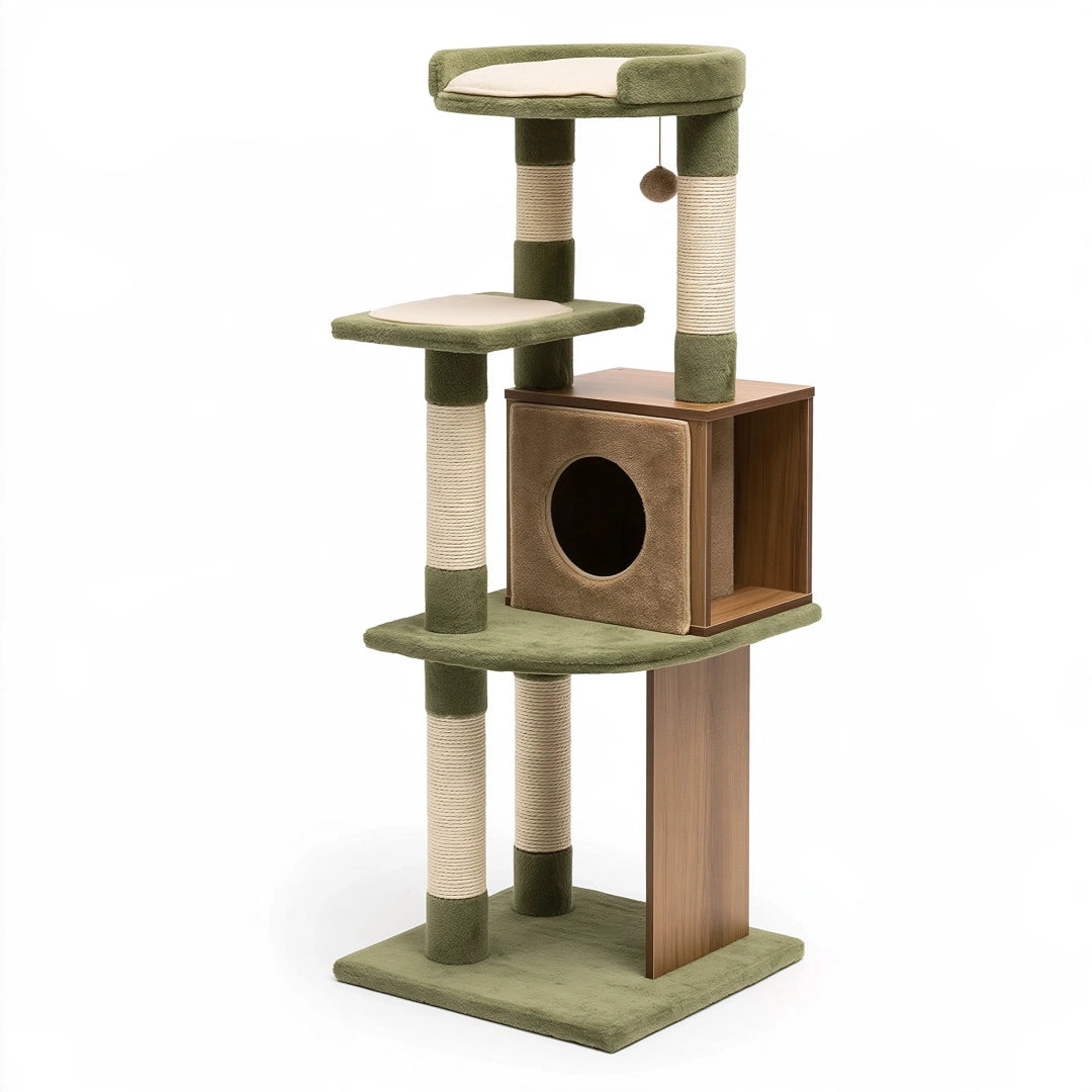Tiragraffi per gatti 60 x 50 x 145 cm verde e marrone in sisal e peluche con cuccia e piattaforme