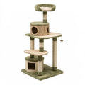 Tiragraffi per gatti 60 x 50 x 145 cm in peluche verde e beige con colonne in sisal e cucce
