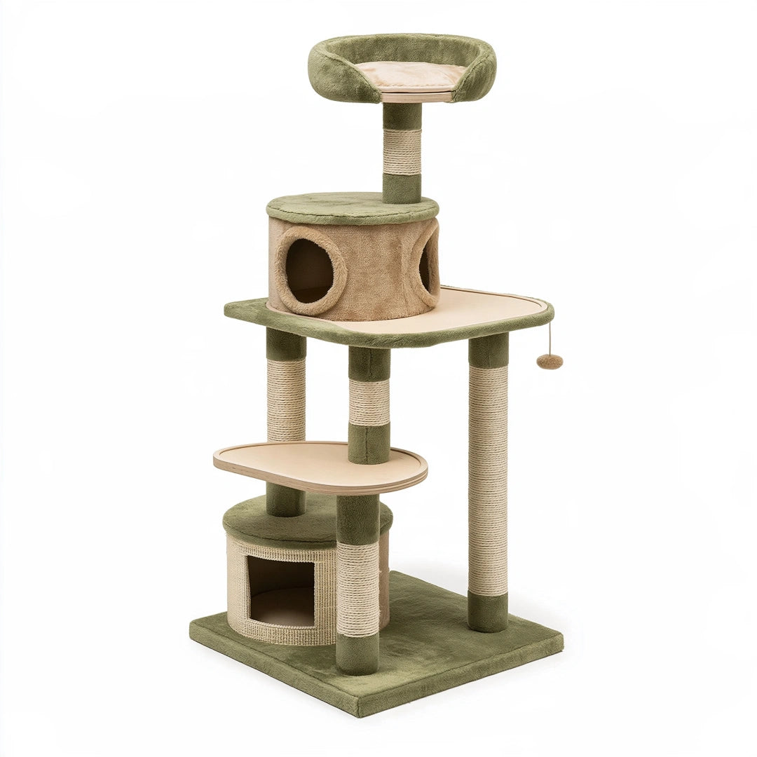 Tiragraffi per gatti 60 x 50 x 145 cm in peluche verde e beige con colonne in sisal e cucce