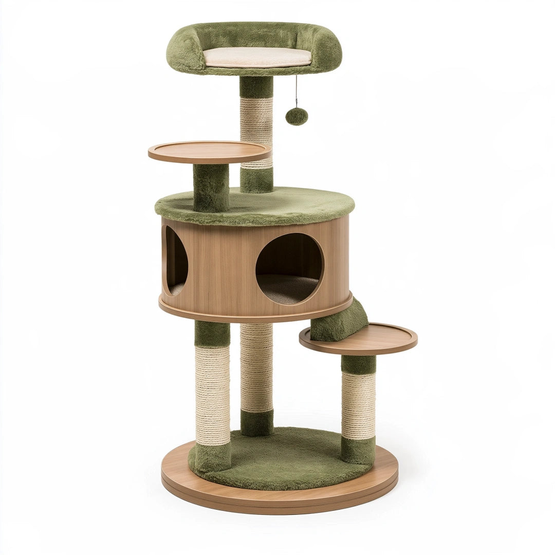 Tiragraffi per gatti 60 x 135 cm in legno verde con colonne in sisal e cuccia