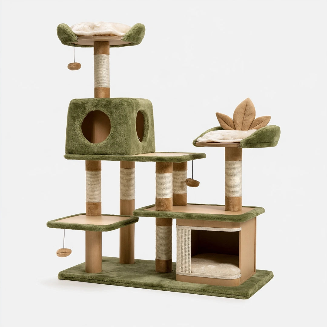 Tiragraffi per gatti 100 x 50 x 145 cm in legno e sisal verde - torre con cucce e piattaforme
