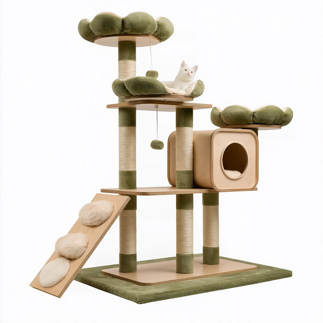 Albero tiragraffi per gatti 90 x 60 x 150 cm in legno sisal verde oliva e beige con cuccia rampa e piattaforme